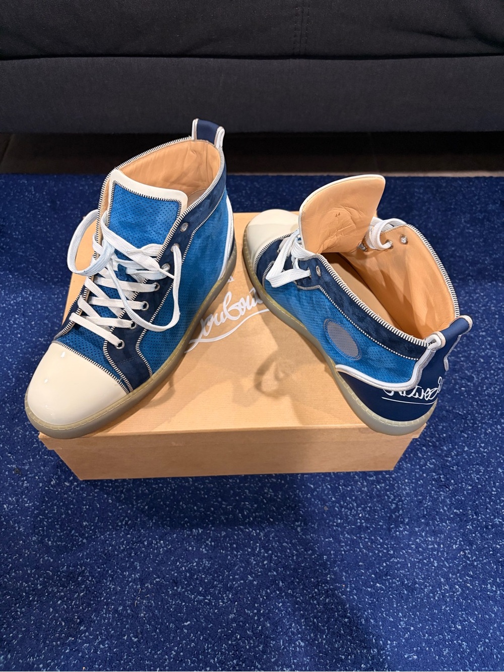 Christian Louboutin Blue and White High-Top Sneakers